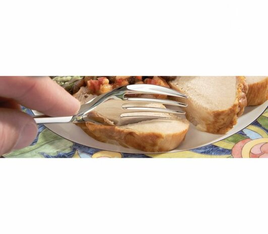 Knork -stijlvolle vork met afgeronde zijkanten die veilig voedsel kan snijden als een mes